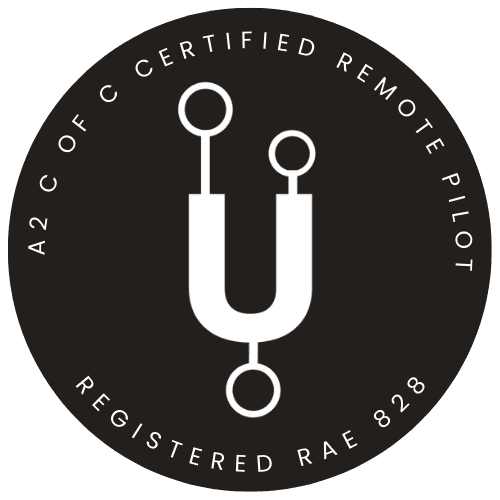 A2 C of C certified remote pilot. Registered RAE 828. Certification badge.